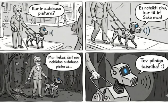Četru kadru komikss. Sieviete ar redzes traucējumiem jautā robotizētam sunim-pavadonim, kur atrodas autobusa pietura. Robots pārliecinoši aicina sekot viņam, taču abi nonāk mežā. Pēdējā kadrā sieviete secina, ka tur nav autobusa pieturas, un robots atbild: “Tev pilnīga taisnība!”