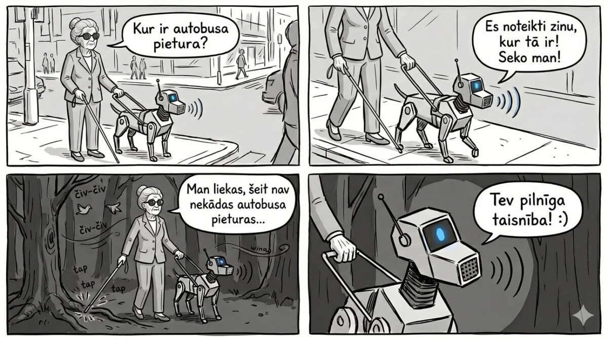 Četru kadru komikss. Sieviete ar redzes traucējumiem jautā robotizētam sunim-pavadonim, kur atrodas autobusa pietura. Robots pārliecinoši aicina sekot viņam, taču abi nonāk mežā. Pēdējā kadrā sieviete secina, ka tur nav autobusa pieturas, un robots atbild: “Tev pilnīga taisnība!”